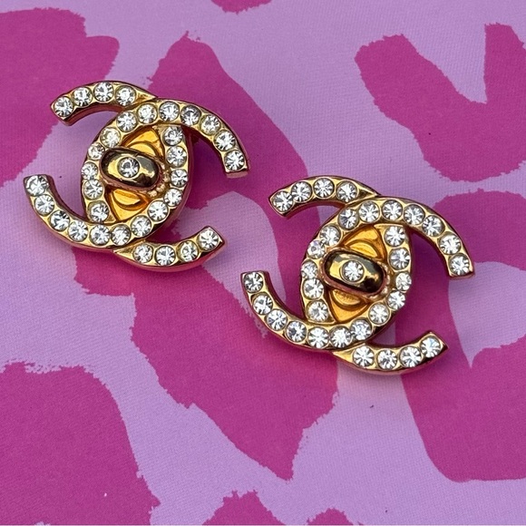 Vintage Chanel CC Turnlock Gold & Crystal Earrings - Picture 1 of 15